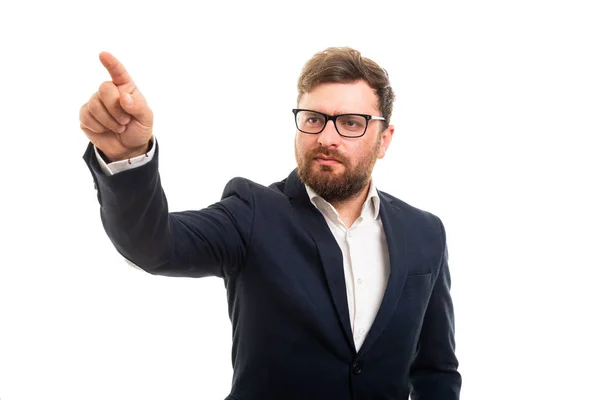 Porträtt Business Man Pekar Osynliga Pekskärm Med Rätt Finger Gest — Stockfoto