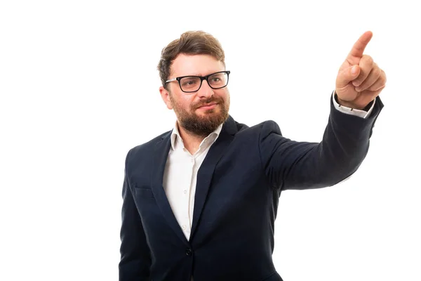 Portret Biznes Człowiek Niewidzialny Ekran Dotykowy Lewego Palca Wskazującego Gest — Zdjęcie stockowe