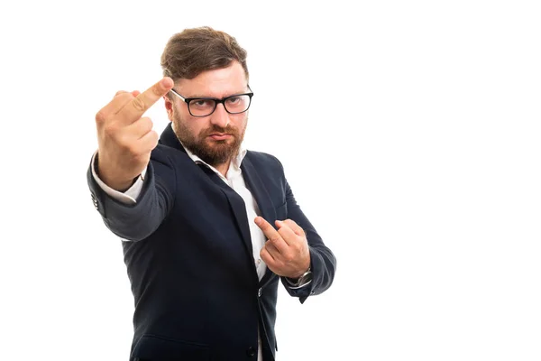 Porträtt Arg Affärsman Som Visar Dubbelrum Middle Fingers Gest Isolerad — Stockfoto