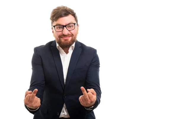 Retrato Del Hombre Negocios Feliz Mostrando Gesto Doble Dedo Medio — Foto de Stock