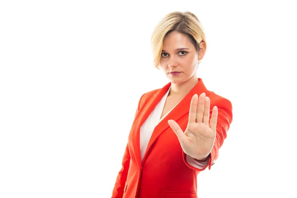 Young Pretty Business Woman Showing Stop Gesture Black Background Copypsace — Stock Photo, Image