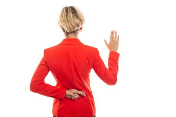 Achteraanzicht Van Zakenvrouw Met Valse Eed Gebaar Geïsoleerd Witte Achtergrond — Stockfoto