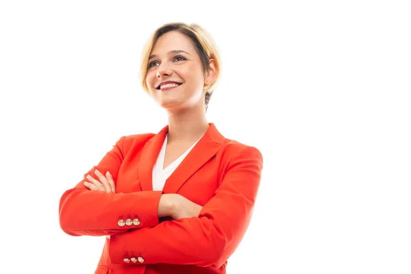 Low Angle Portrait Business Woman Standing Arms Crossed Smiling Isolated — Stock Photo, Image