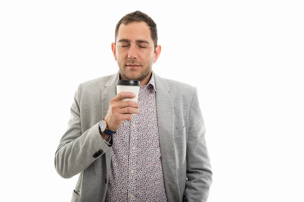 Retrato Del Hombre Negocios Disfrutando Una Taza Café Para Aislado — Foto de Stock