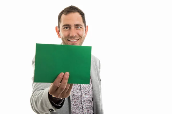 Portrait Business Man Showing Green Card Board Isolated White Background — Stok Foto