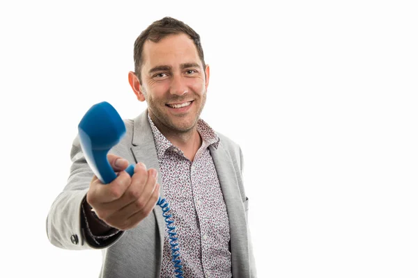 Retrato Del Hombre Negocios Que Entrega Teléfono Azul Del Receptor —  Fotos de Stock