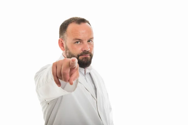 Retrato Del Médico Masculino Señalando Con Dedo Cámara Aislada Sobre — Foto de Stock