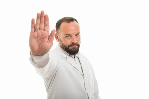 Portrait Male Doctor Showing Stop Gesture Isolated White Background Copyspace — Stock Photo, Image