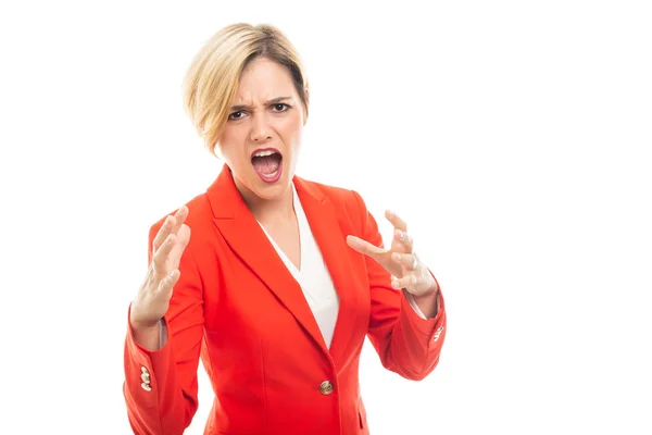 Young Pretty Business Woman Showing Screaming Gesture Isolated White Background — Stock Photo, Image