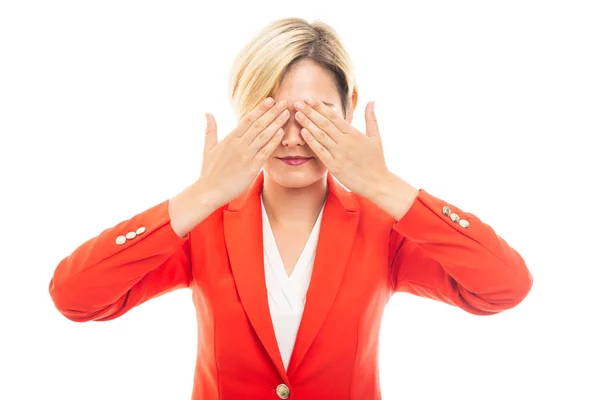 Jonge Mooie Zakenvrouw Die Betrekking Hebben Ogen Gebaar Geïsoleerd Witte — Stockfoto