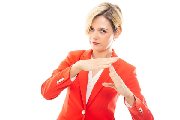 Young Pretty Business Woman Showing Time Out Gesture Isolated White — Stock Photo, Image