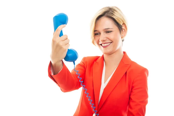 Young Pretty Business Woman Looking Blue Receiver Isolated White Background — Stock Photo, Image