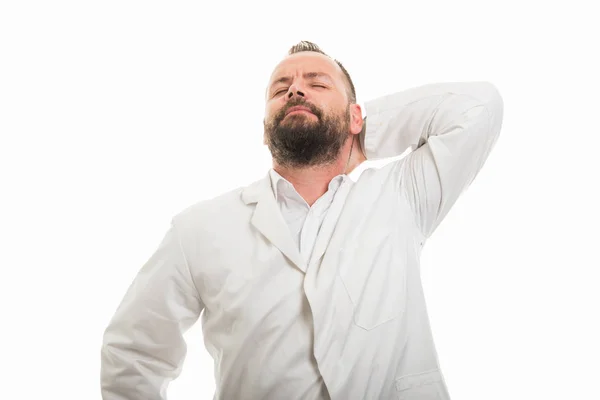 Retrato Del Médico Masculino Mostrando Gesto Dolor Espalda Del Cuello — Foto de Stock