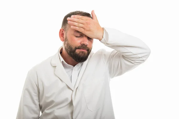 Portrait Male Doctor Showing Checking Fever Gesture Isolated White Background — Stock Photo, Image