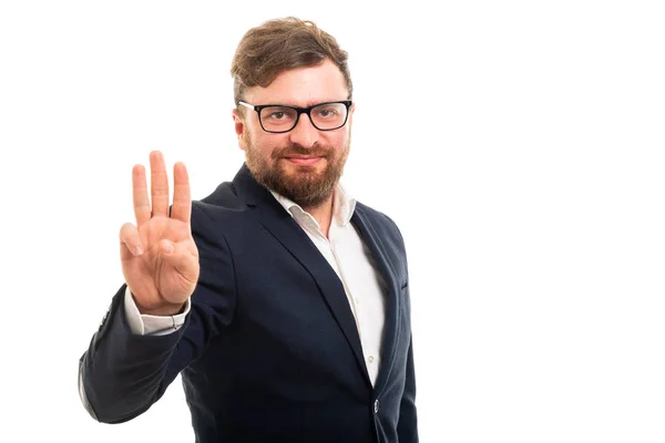 Porträtt Business Man Visar Nummer Tre Med Fingrar Isolerad Vit — Stockfoto