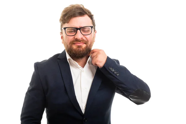 Retrato Del Hombre Negocios Organizando Gesto Camisa Aislado Sobre Fondo — Foto de Stock