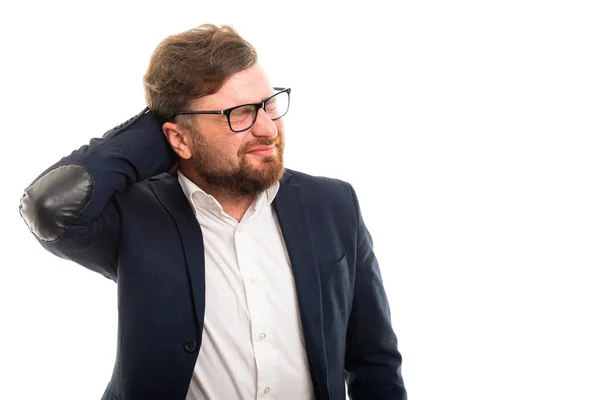 Porträt Des Geschäftsmannes Zeigt Nackenschmerzen Geste Isoliert Auf Weißem Hintergrund — Stockfoto