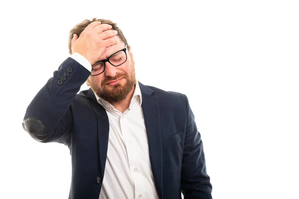 Portrait Business Man Showing Headache Pain Gesture Isolated White Background — Stock Photo, Image