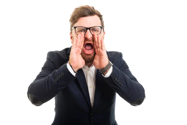 Portrait Business Man Cupping Hands Mouth Shouting Isolated White Background — Stock Photo, Image