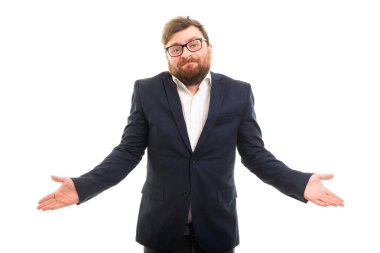 Gösterilen iş adamı portresi boşaltmak reklam alan beyaz zemin üzerine izole jest bilmiyorum