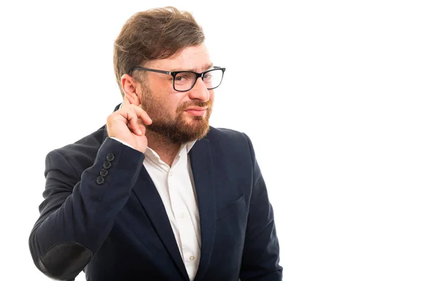 Retrato Del Hombre Negocios Mostrando Puede Escuchar Gesto Aislado Sobre — Foto de Stock