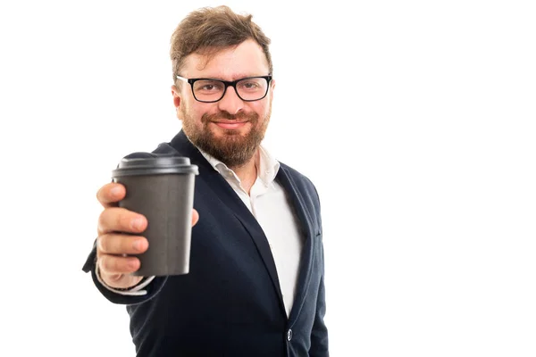 Retrato Del Hombre Negocios Entregando Una Taza Café Para Llevar — Foto de Stock