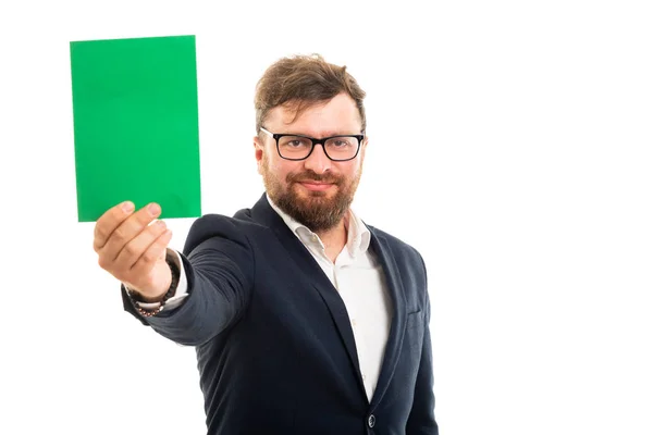 Porträt Eines Geschäftsmannes Der Grüne Kartentafel Auf Weißem Hintergrund Mit — Stockfoto