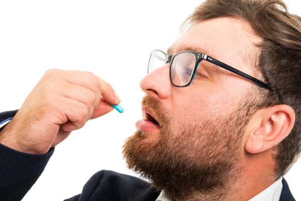 Close Business Man Taking Pill Isolated White Background — Stock Photo, Image