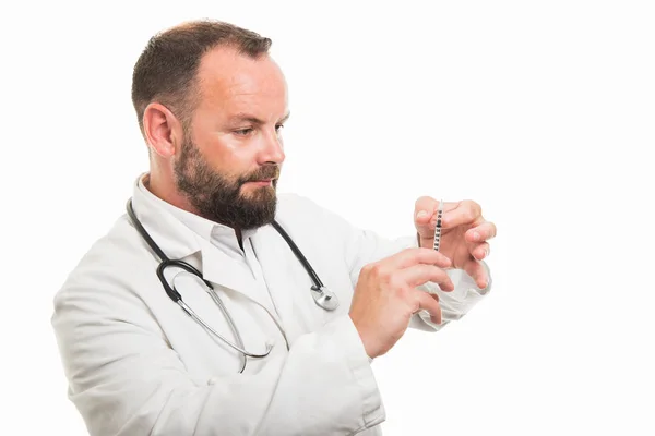 Porträtt Manliga Läkare Förbereda Diabetes Sköt Isolerade Vit Bakgrund Med — Stockfoto