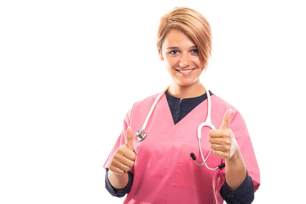 Portrait Female Vet Wearing Pink Scrub Showing Double Thumb Gesture — Stock Photo, Image