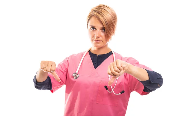 Retrato Veterinaria Femenina Con Exfoliante Rosa Que Muestra Gesto Doble —  Fotos de Stock