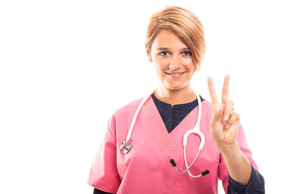 Retrato Del Veterinario Femenino Mostrando Gesto Número Dos Aislado Sobre —  Fotos de Stock