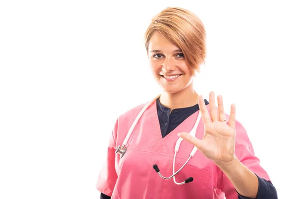 Retrato Del Veterinario Femenino Mostrando Gesto Número Cinco Aislado Sobre —  Fotos de Stock