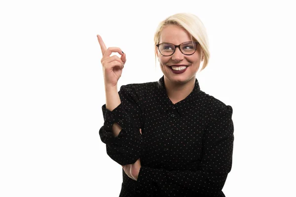 Porträt Einer Jungen Blonden Lehrerin Mit Brille Die Mit Erhobenem — Stockfoto