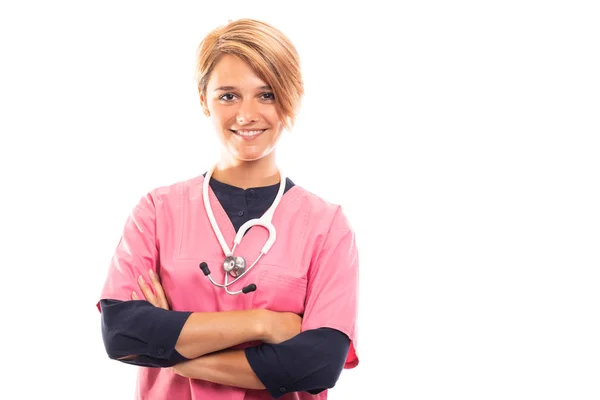 Veterinaria Femenina Con Fregadero Rosa Pie Con Los Brazos Cruzados —  Fotos de Stock