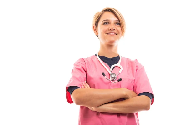 Veterinaria Femenina Con Fregadero Rosa Pie Con Los Brazos Cruzados —  Fotos de Stock