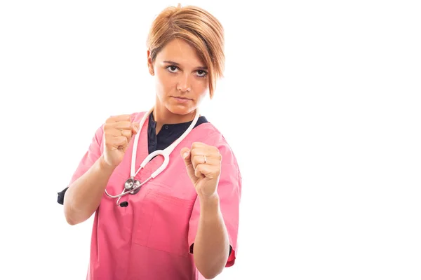 Retrato Veterinaria Femenina Con Fregadero Rosa Que Muestra Ambos Puños —  Fotos de Stock