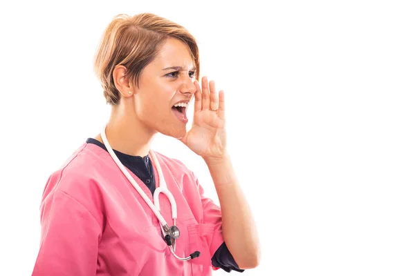 Side View Female Vet Wearing Pink Scrub Showing Screaming Gesture — Stock Photo, Image