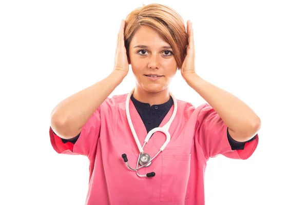 Portrait Female Vet Wearing Pink Scrub Showing Covering Ears Gesture — Stock Photo, Image