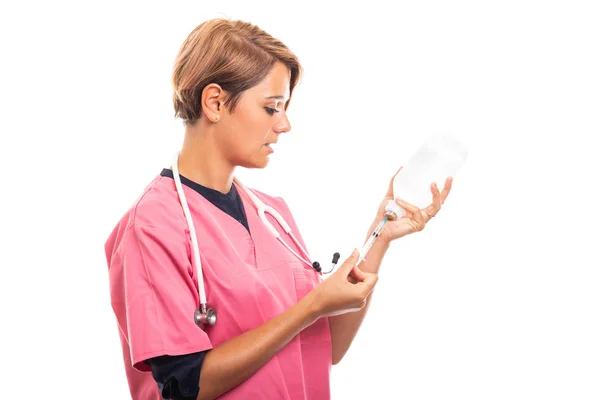 Side View Female Vet Wearing Pink Scrub Filling Syringe Serum — Stock Photo, Image