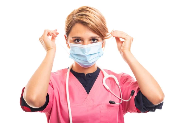 Portrait Female Vet Wearing Pink Scrub Putting Medicine Mask Isolated — Stock Photo, Image