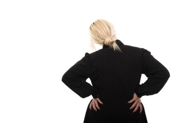 Arkadan görünüşü genç sarışın kadın öğretmen gözlük geri gösterilen boşaltmak reklam alan beyaz zemin üzerine izole jest ağrı