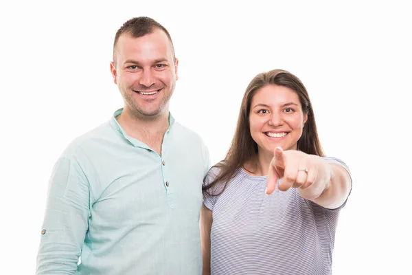 Portrait Young Happy Couple Pointing Camera Gesture Isolated White Background — Stock Photo, Image