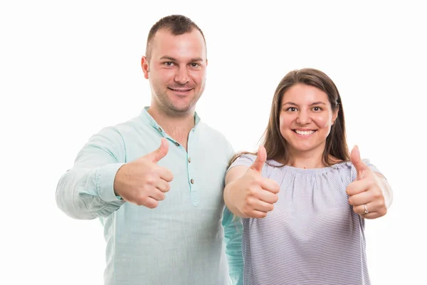 Portrait Young Happy Couple Showing Both Thumb Gesture Isolated White — Stock Photo, Image