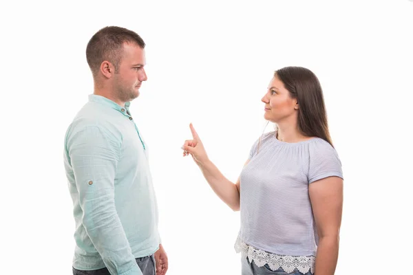 Side View Young Happy Couple Arguing Isolated White Background Copyspace — Stock Photo, Image