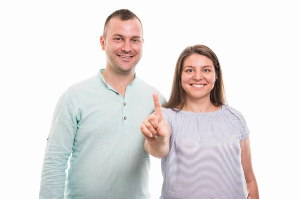 Portrait Young Happy Couple Showing Number One Finger Isolated White — Stock Photo, Image