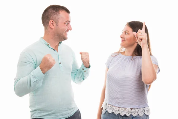 Retrato Pareja Feliz Joven Mostrando Idea Ganadora Gesto Aislado Sobre —  Fotos de Stock