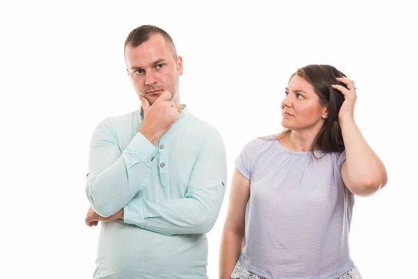Portrait Young Happy Couple Showing Thinking Gesture Isolated White Background — Stock Photo, Image