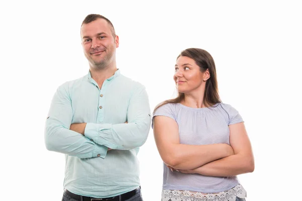 Portrait Young Happy Couple Standing Arms Crossed Gesture Isolated White — Stock Photo, Image