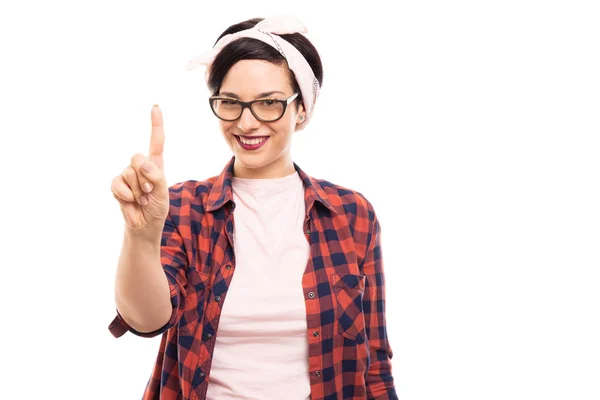 Retrato Joven Chica Pin Bonita Con Gafas Que Muestran Número —  Fotos de Stock